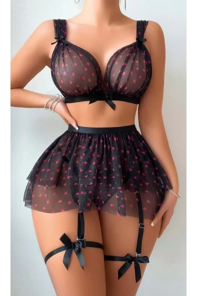 Siyah Kadın Fantezi Sexy Jartiyer Set Bacak Bantlı Etek Sütyen missisX 3087