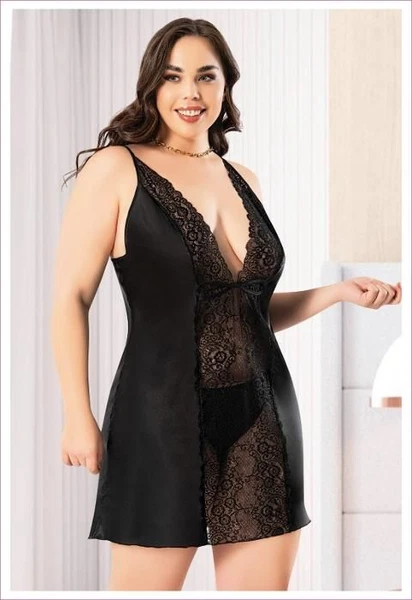 Siyah Ön Kısmı Dantel İnce Askılı Saten Büyük Beden Gecelik Miss Laris 4047