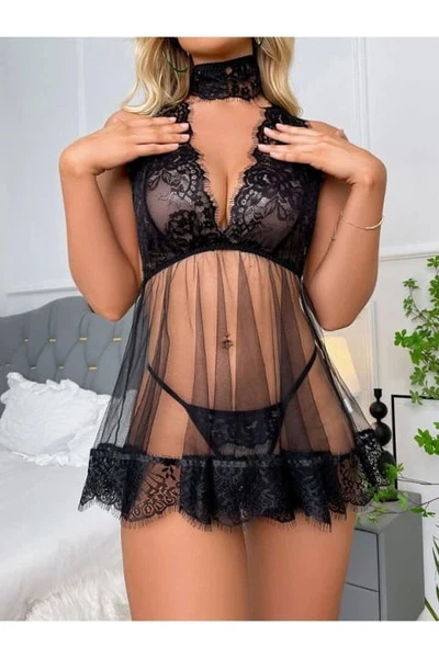 Siyah Özel Fantezi Gecelik Seksi Şık Tasarım Transparan Dantel Detaylı Loomerie 524