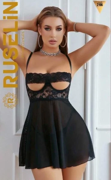 Siyah Seksi Göğsü Dantel Şeritli Tül Fantezi Gecelik Ruselin 2196
