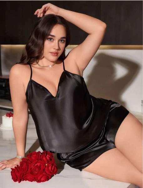 Siyah Seksi Saten Büyük Beden Şort Takım Real Passione 10006