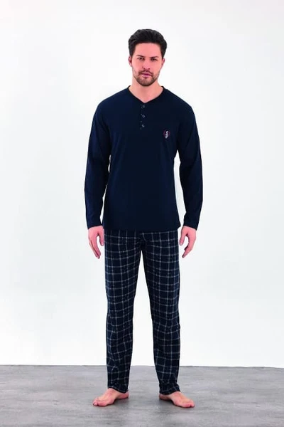 Uzun Kollu Yazlık Kareli Düğmeli Penye Erkek Pijama Takımı Estiva 25288