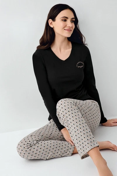 V Yaka Siyah Uzun Kollu Cepli Kadın Pijama Takımı Pierre Cardin PC9101-S