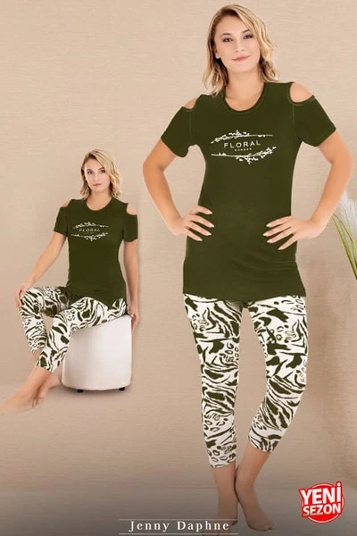 Viskon Desenli Yeşil Kısa Kollu Omuzlar Açık Kapri Pijama Takımı Lady 12070