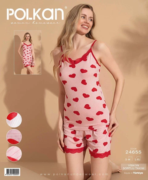 Viskon Şort Pijama Takım Pembe Kalpli Desenli Dantelli Polkan 24655