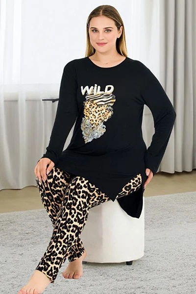 Yanları Yırtmaçlı Uzun Kollu Leopar Desenli Büyük Beden Kadın Pijama Takımı Lady 11384