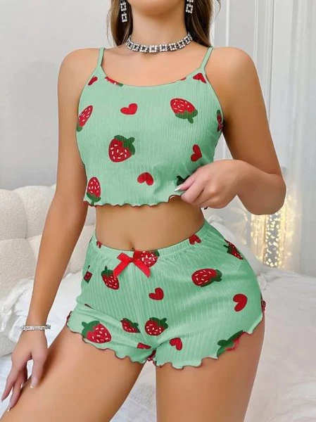 Yeşil Çilek Desenli Askılı Yazlık Pijama Şort Takım Lily Bianca 13102