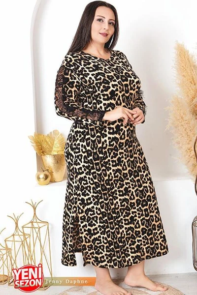 Yırtmaçlı Uzun Kollu Leopar Desenli Büyük Beden Elbise Gecelik Lady 7279