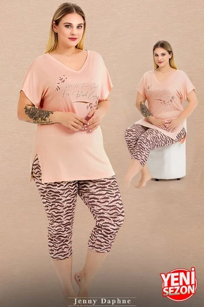 Zebra Desenli V Yaka Kısa Kollu Büyük Beden Kapri Pijama Takımı Lady 10722