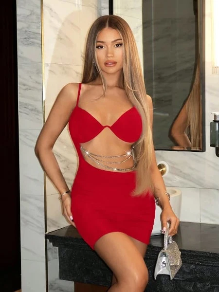 Zincirli Dekolteli Kırmızı Mini Club Elbise Real Passione E1034