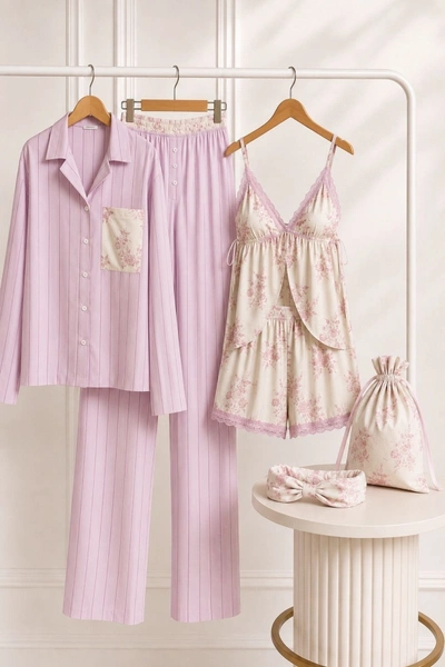 6 Parça Viskon Dokuma Floral Bridal Homewear Set Bella Notte BNL-PJ-2601
