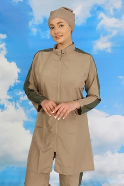 Akbeniz Kadın Pantolonlu Kolu Şeritli Tam Tesettür Mayo Bej 31065 - Alternatif Görünüm