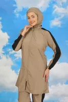 Akbeniz Kadın Pantolonlu Kolu Şeritli Tam Tesettür Mayo Bej 31066 Bej