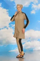 Akbeniz Kadın Pantolonlu Kolu Şeritli Tam Tesettür Mayo Bej 31066 Bej görsel 5