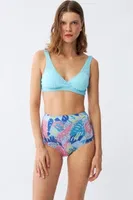 Akbeniz Kadın Pedli Üst Tropik Desenli Yüksek Bel Bikini Takımı - Buz Mavisi 35016 Buz Mavisi detay görünüm