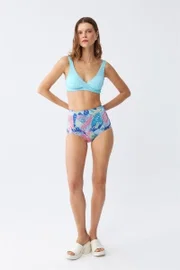 Akbeniz Kadın Pedli Üst Tropik Desenli Yüksek Bel Bikini Takımı - Buz Mavisi 35016