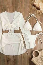 Angelsin Bağlamalı Alt Üst Pareo Üçgen 4'lü Brezilya Bikini Takım Set(Çıkartılabilir Kaplı) Beyaz MS4395-1000