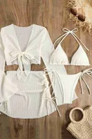 Angelsin Bağlamalı Alt Üst Pareo Üçgen 4'lü Brezilya Bikini Takım Set(Çıkartılabilir Kaplı) Beyaz MS4395-1000 Beyaz