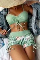 Büzgü Ayarlı Baskılı Deniz Şortu Bikini Alt Angelsin MS43888 Lila Yeşil görsel 4