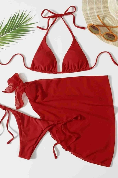 Pareolu Bağlamalı 3'lü Bikini Takım Set (Çıkartılabilir Kaplı) Angelsin MS4094-1006