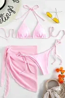 Pareolu Bağlamalı 3'lü Bikini Takım Set (Çıkartılabilir Kaplı) Angelsin MS4094-1010 Pembe