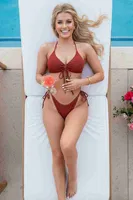 Angelsin Rib Dokulu Ön ve Yan Bağcık Detaylı İpli Brezilya Bikini Takımı MS4500-Kırmızı Kırmızı görsel 4