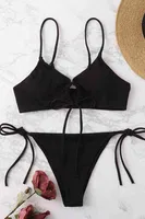Angelsin Rib Dokulu Ön ve Yan Bağcık Detaylı İpli Brezilya Bikini Takımı Siyah - Siyah görsel 5