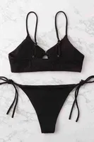 Angelsin Rib Dokulu Ön ve Yan Bağcık Detaylı İpli Brezilya Bikini Takımı Siyah - Siyah görsel 6