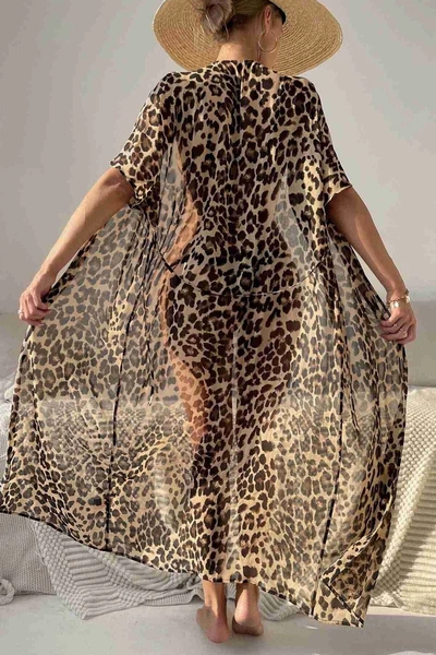 Angelsin Şifon Uzun Önden Bağlamalı Leopar Plaj Elbisesi Pareo Kimono Çok Renkli - MS4364-Çok Renkli