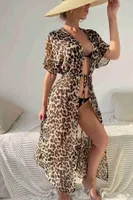 Angelsin Şifon Uzun Önden Bağlamalı Leopar Plaj Elbisesi Pareo Kimono Çok Renkli - MS4364-Çok Renkli Çok Renkli farklı açı