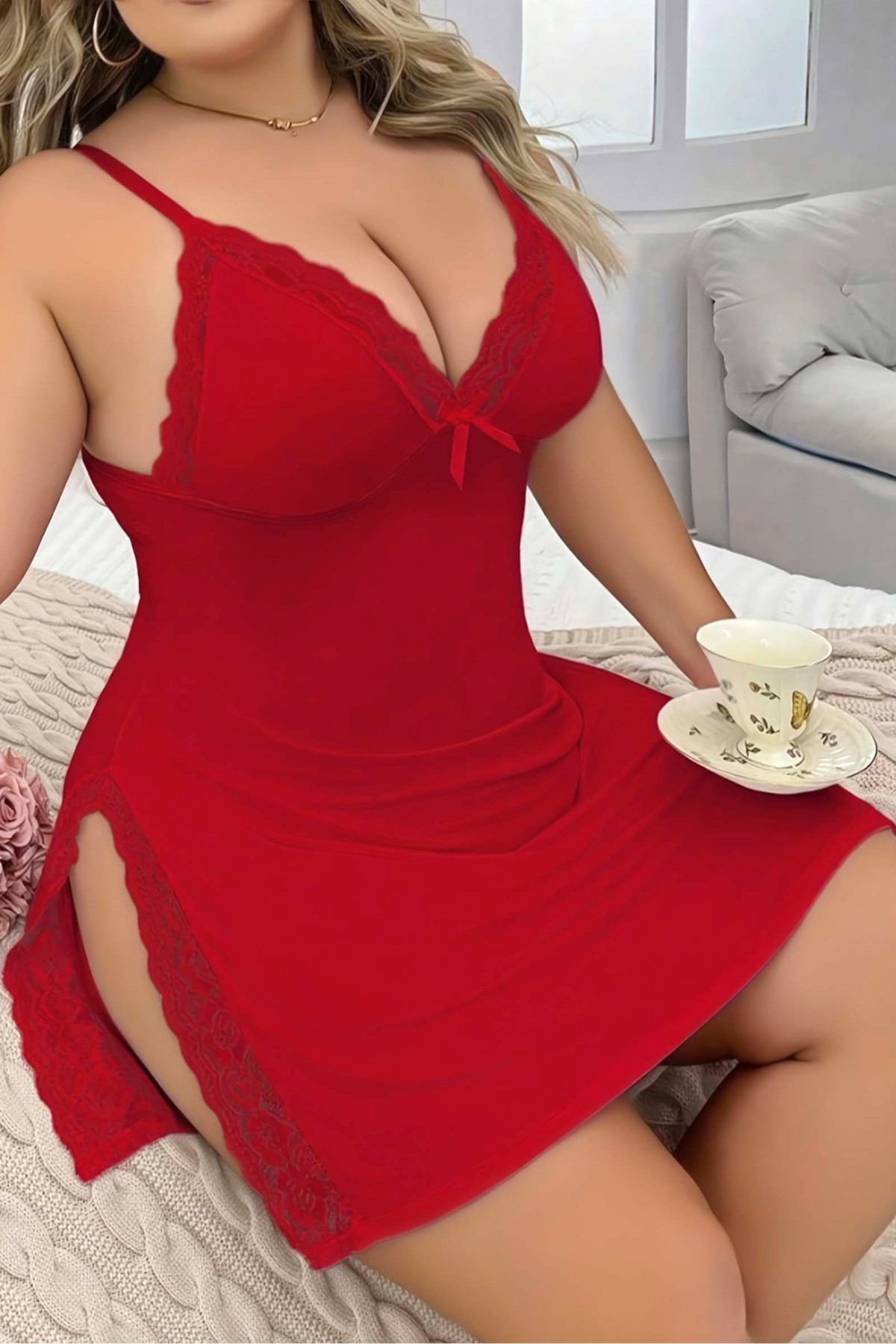 Askılı Dantelli Kırmızı Büyük Beden Mini Gecelik Jesica Bella LB-281