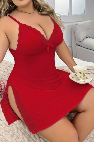 Askılı Dantelli Kırmızı Büyük Beden Mini Gecelik Jesica Bella LB-281