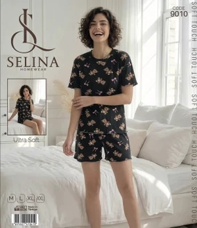 Tekten Ayıcık Desenli Selina Şortlu Kadın Pijama Takım 9010
