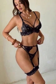 Bacak Bantlı Dantelli Seksi Jartiyer Takım Siyah Real Passione 7132