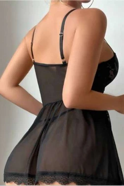 Real Passione Bağcıklı Transparan Dantelli Siyah Fantazi Gecelik Real Passione 4082 - Alternatif Görünüm
