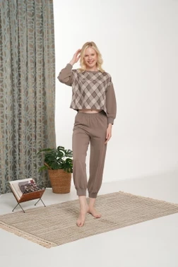 Baklava Desenli Oversize Kadın Pijama Takımı Bone Club 5936
