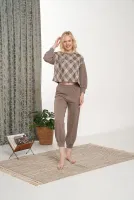 Baklava Desenli Oversize Kadın Pijama Takımı Bone Club 5936 Haki