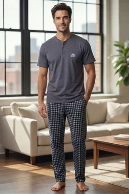 Baskılı Kısa Kollu Erkek Pijama Takımı Tekten 8200