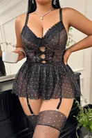 Baştan Çıkarıcı Büyük Beden Transparan Dantelli Puantiyeli Fantazi Jartiyer Takım Lily Bianca LB-264