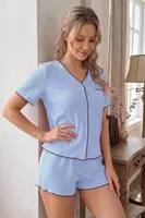Bebe Mavisi Kısa Kollu V Yaka Biye Detaylı Şortlu Pijama Takımı Bella Notte 79041 Bebe Mavisi farklı açı