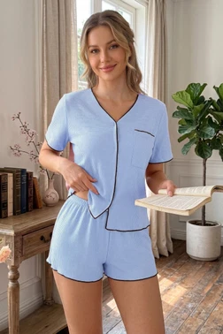 Bebe Mavisi Kısa Kollu V Yaka Biye Detaylı Şortlu Pijama Takımı Bella Notte 79041