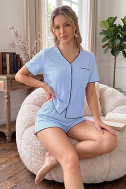 Bebe Mavisi Kısa Kollu V Yaka Biye Detaylı Şortlu Pijama Takımı Bella Notte 79041 - Alternatif Görünüm