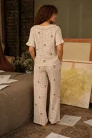 Bej Ekose Ayıcık Desenli Fırfır Yaka Kısa Kollu Düğmeli Pijama Takımı Bella Notte 61235 Bej görsel 4