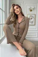Bej Fiyonk Detaylı Uzun Kollu Pijama Takımı Bella Notte 77357 Bej farklı açı