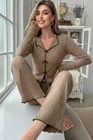 Bej Fiyonk Detaylı Uzun Kollu Pijama Takımı Bella Notte 77357 Bej görsel 5