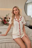 Bej Kırmızı Biyeli Kiraz Süslemeli Bebek Yaka Şortlu Kısa Kollu Pijama Takımı Bella Notte 7761 - Bej Bej