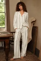 Bej Yeşil Çizgili Belmando Dokuma Uzun Kollu Düğmeli Pijama Takımı Bella Notte 61303 Bej detay görünüm