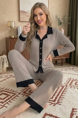 Bej Zarif Düğmeli Siyah Detaylı Uzun Kollu Pijama Takımı Bella Notte 77391 - Alternatif Görünüm