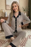 Bej Zarif Düğmeli Siyah Detaylı Uzun Kollu Pijama Takımı Bella Notte 77391 Bej