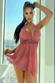 Beleng Belden Büzgülü ve Fırfır Detaylı Mini Tül Gecelik - Gül Kurusu Beleng 6008